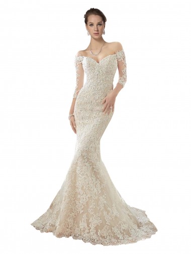 Marfil & Champán Sirena Hombros Descubiertos Cola capilla Tul Encaje Vestidos de novia Outlet