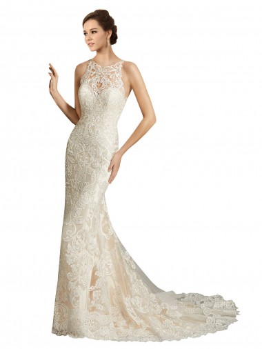 Marfil & Champán Sirena Ilusión Cola capilla Tul Encaje Clásico Vestidos de novia Outlet