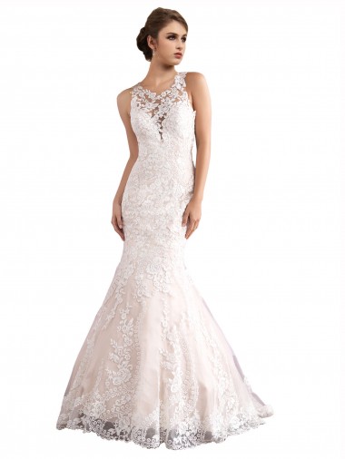 Marfil & Champán Sirena Ilusión Tren catedral Tul Encaje Vestidos de novia Outlet