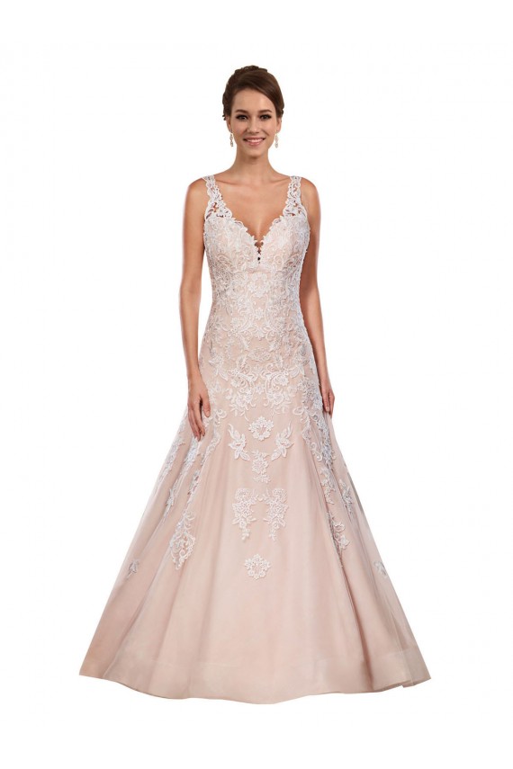 Marfil & Champán línea A Cuello en V Cola capilla Encaje Clásico Vestidos de novia Outlet