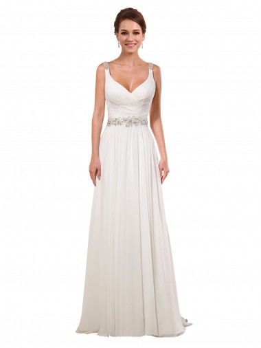 Marfil Cubierta Cuello en V Cola capilla Gasa Clásico Vestidos de novia Outlet