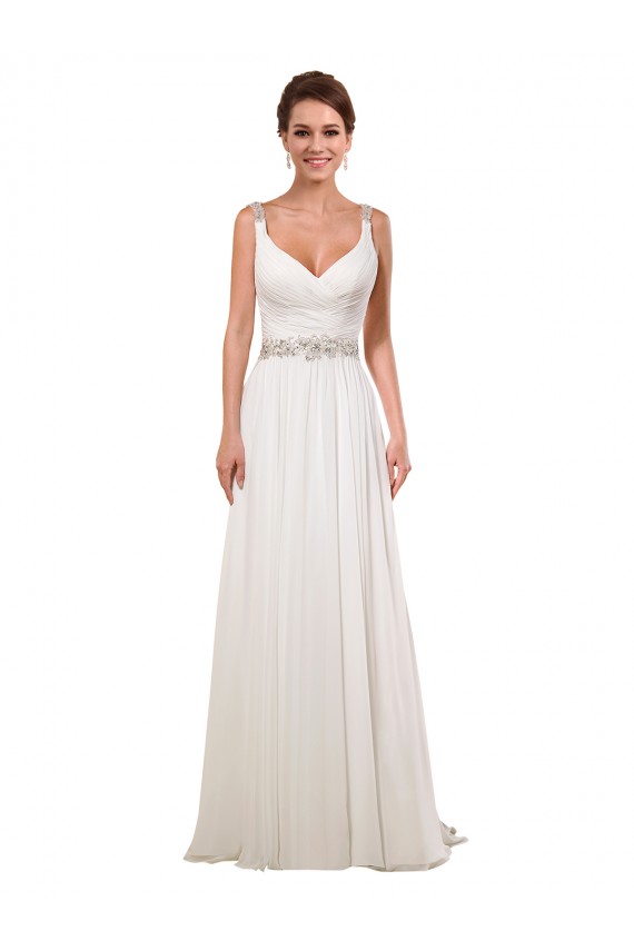 Marfil Cubierta Cuello en V Cola capilla Gasa Clásico Vestidos de novia Outlet