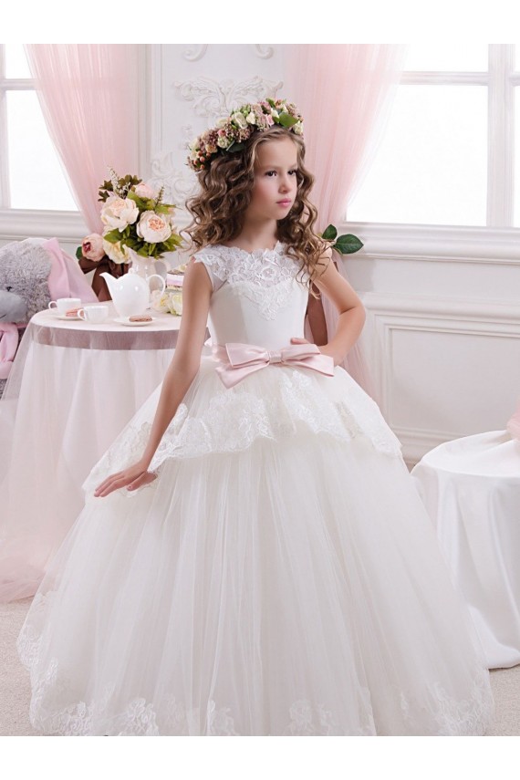 Marfil Cuello de Corazón Cola capilla Tul Encaje Largo vestidos de niña de las flores Outlet