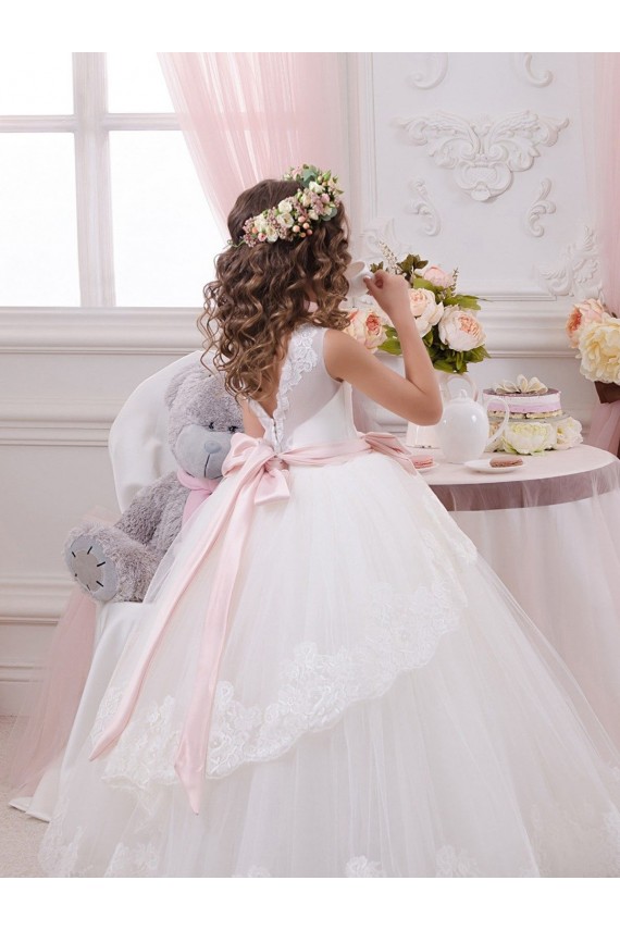 Marfil Cuello de Corazón Cola capilla Tul Encaje Largo vestidos de niña de las flores Outlet