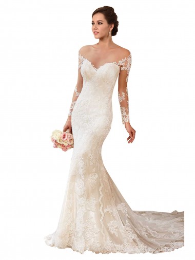 Marfil Sirena Cuello de Corazón Cola capilla Encaje Vestidos de novia Outlet