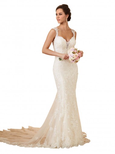 Marfil Sirena Cuello de Corazón Cola capilla Encaje Vestidos de novia Outlet