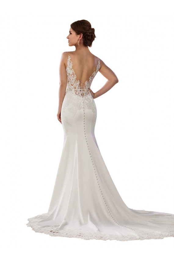 Marfil Sirena Cuello en V Cola capilla Encaje Crepé Elástico Vestidos de novia Outlet