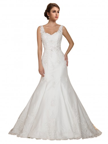 Marfil Sirena Cuello en V Cola capilla Encaje Vestidos de novia Outlet
