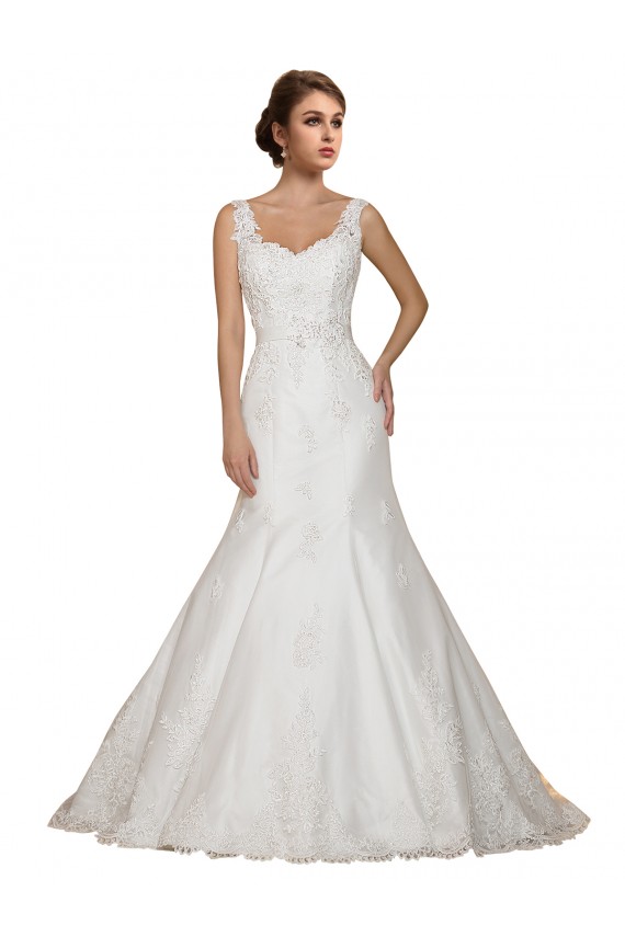 Marfil Sirena Cuello en V Cola capilla Encaje Vestidos de novia Outlet