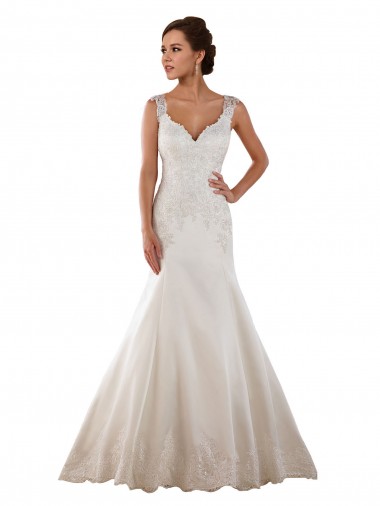Marfil Sirena Cuello en V Cola capilla Satén Clásico Vestidos de novia Outlet
