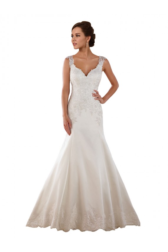 Marfil Sirena Cuello en V Cola capilla Satén Clásico Vestidos de novia Outlet