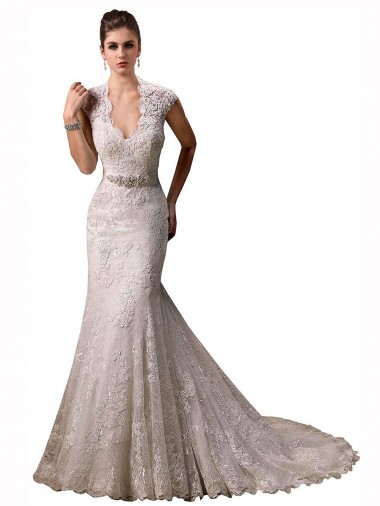 Marfil Sirena Halter Cuello en V Cola capilla Encaje Vestidos de novia Outlet