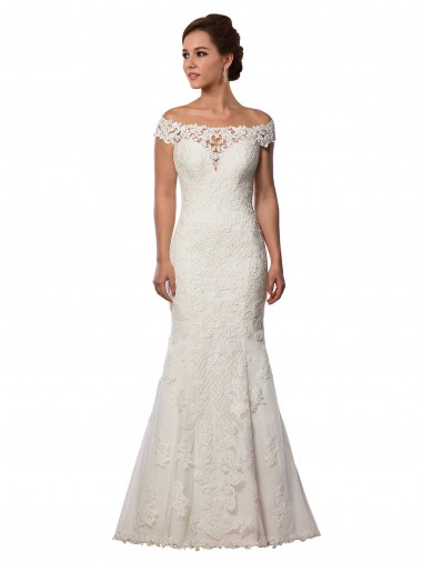 Marfil Sirena Hombros Descubiertos Cola capilla Encaje Boho Vestidos de novia Outlet