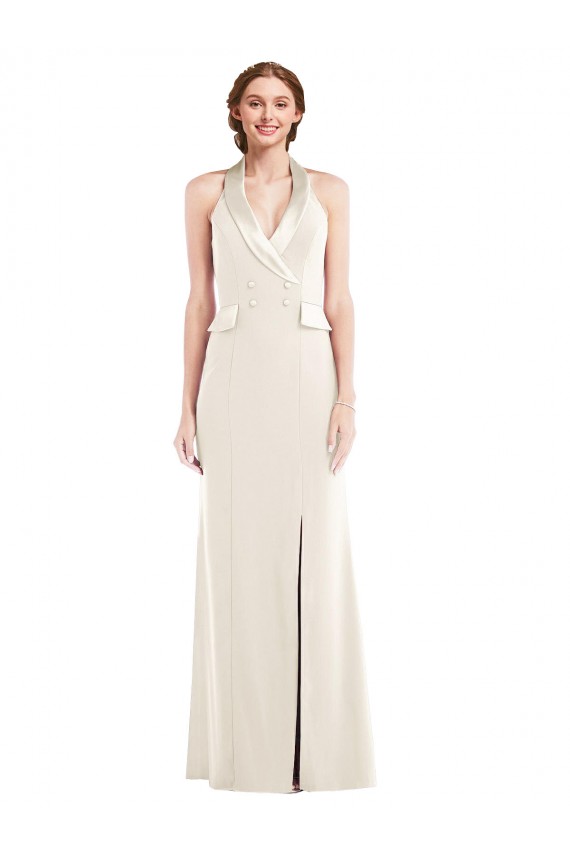 Marfil Trompeta Halter Crepé Elástico Largo Vestidos de dama de honor / Vestidos de fiesta Outlet
