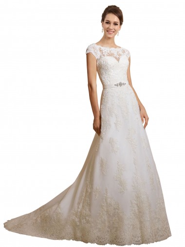 Marfil línea A Ilusión Cola capilla Tul Encaje Clásico Vestidos de novia Outlet