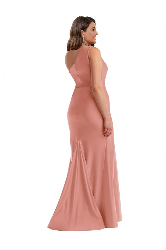 Melocotón de Georgia Sirena Un Hombre Satén sedoso Largo Formales Vestidos de dama de honor / Vestidos de fiesta Outlet