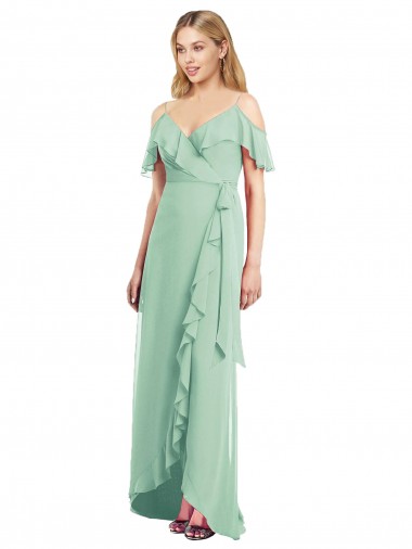 Menta Verde Trompeta Tirantes espagueti Cuello en V Gasa Largo Asimétrico Vestidos de dama de honor Outlet
