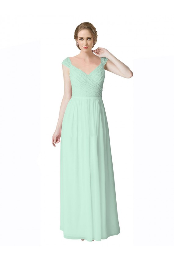 Menta Verde línea A Cuello en V Gasa Encaje Largo Vestidos de dama de honor Outlet