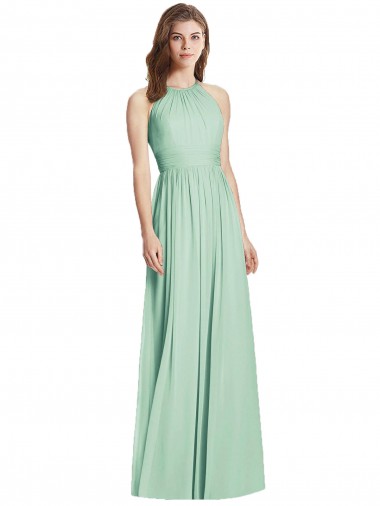 Menta Verde línea A Halter Gasa Largo Vestidos de dama de honor Outlet