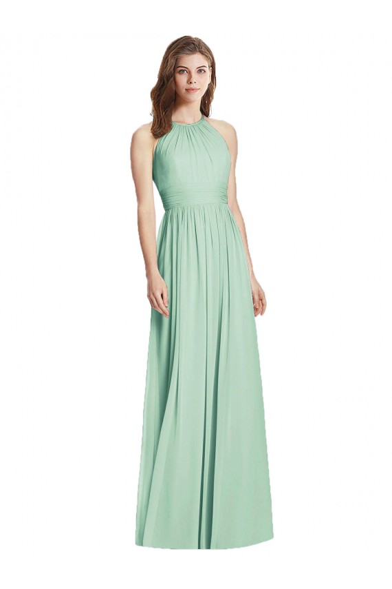 Menta Verde línea A Halter Gasa Largo Vestidos de dama de honor Outlet
