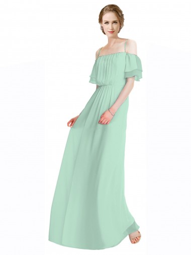 Menta Verde línea A Hombros Descubiertos Tirantes espagueti Gasa Largo Vestidos de dama de honor Outlet