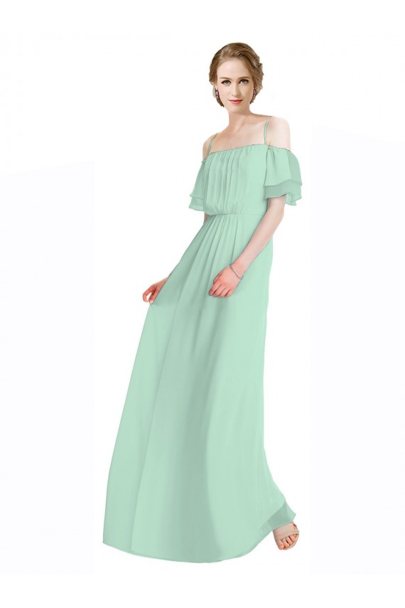 Menta Verde línea A Hombros Descubiertos Tirantes espagueti Gasa Largo Vestidos de dama de honor Outlet