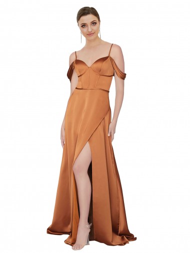 Naranja línea A Tirantes espagueti Satén sedoso Largo Formales Vestidos de dama de honor / Vestidos de fiesta Outlet