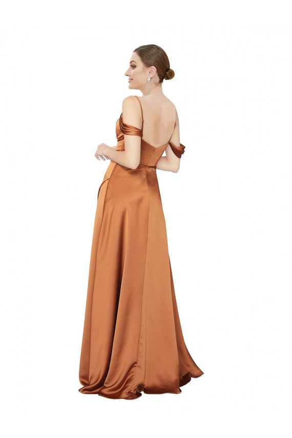 Naranja línea A Tirantes espagueti Satén sedoso Largo Formales Vestidos de dama de honor / Vestidos de fiesta Outlet
