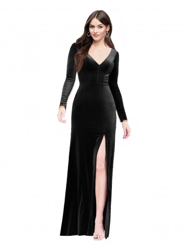 Negro Columna Cuello en V Terciopelo Elástico Largo Formales Vestidos de dama de honor / Vestidos de fiesta Outlet