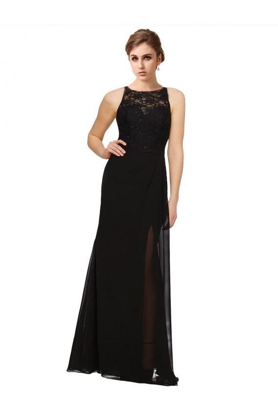 Negro Cubierta Cuello Alto Gasa Encaje Largo Vestidos de dama de honor Outlet