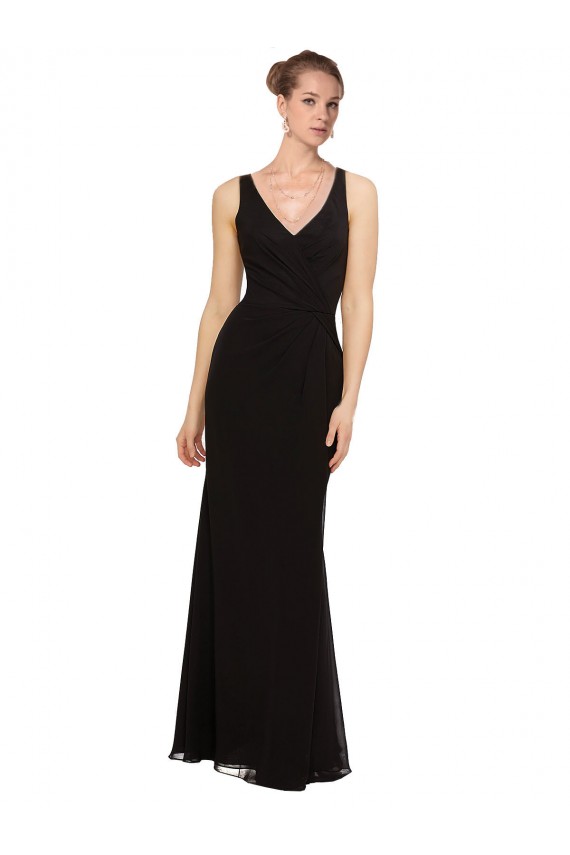 Negro Cubierta Cuello en V Gasa Largo Vestidos de dama de honor Outlet