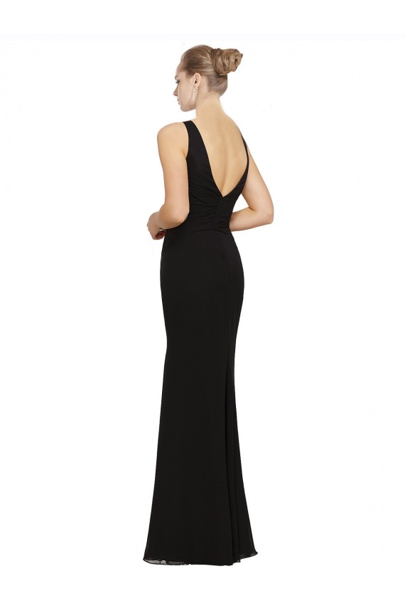 Negro Cubierta Cuello en V Gasa Largo Vestidos de dama de honor Outlet