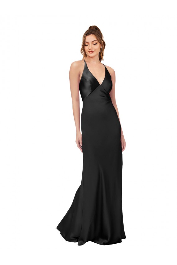 Negro Cubierta Cuello en V Satén sedoso Largo Formales Vestidos de dama de honor / Vestidos de fiesta Outlet