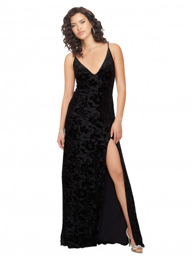 Negro Cubierta Cuello en V Terciopelo floral Terciopelo Elástico Largo Vestidos de dama de honor Outlet