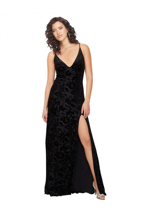 Negro Cubierta Cuello en V Terciopelo floral Terciopelo Elástico Largo Vestidos de dama de honor Outlet