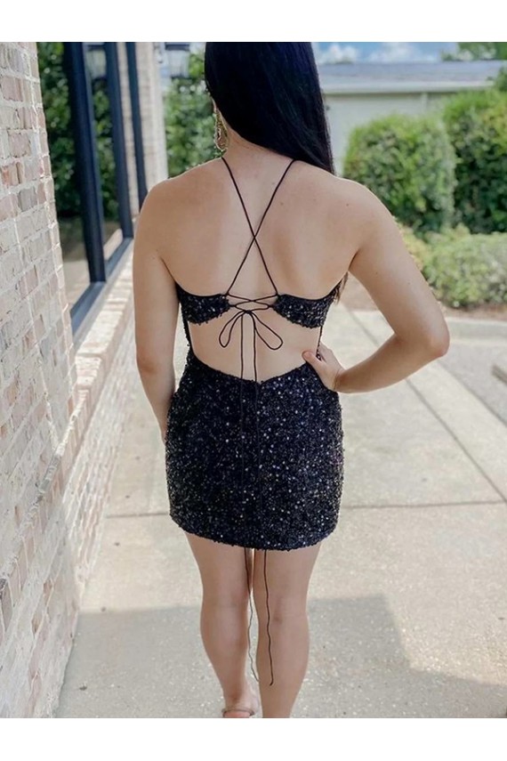 Negro Cubierta Halter Corto Lentejuelas Terciopelo Corto Vestidos de fiesta Outlet