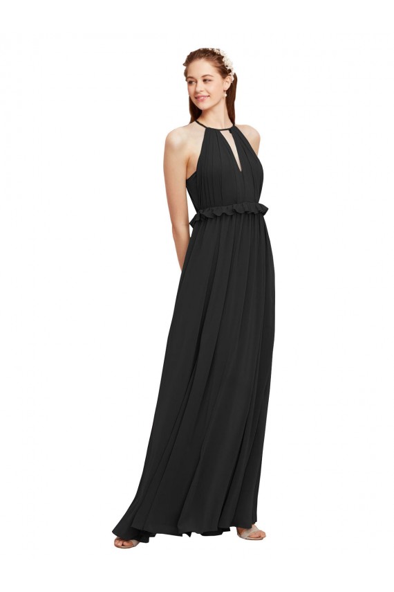Negro Cubierta Halter Gasa Largo Vestidos de dama de honor Outlet