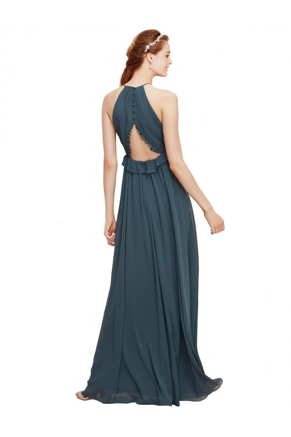 Negro Cubierta Halter Gasa Largo Vestidos de dama de honor Outlet