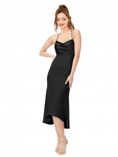 Negro Cubierta Midi Satén sedoso Corto Asimétrico Formales Vestidos de dama de honor / Vestidos de fiesta / Vestidos de cóctel Outlet