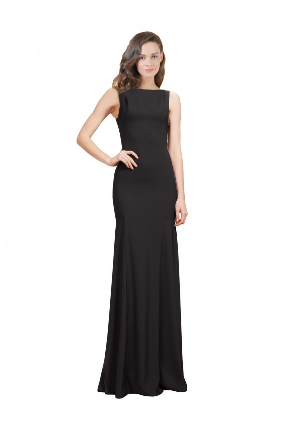 Negro Sirena Barco Crepé Elástico Largo Vestidos de dama de honor / Vestidos de fiesta Outlet