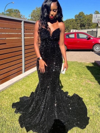 Negro Sirena Cuello de Corazón Lentejuelas Terciopelo Largo Vestidos de fiesta Outlet