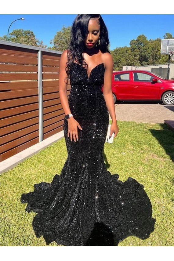 Negro Sirena Cuello de Corazón Lentejuelas Terciopelo Largo Vestidos de fiesta Outlet