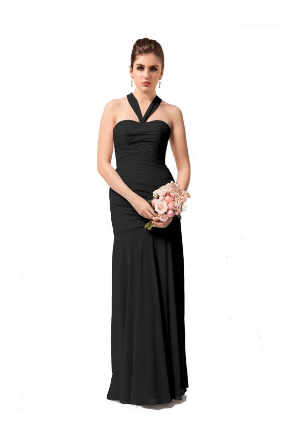 Negro Sirena Halter Gasa Largo Vestidos de dama de honor Outlet