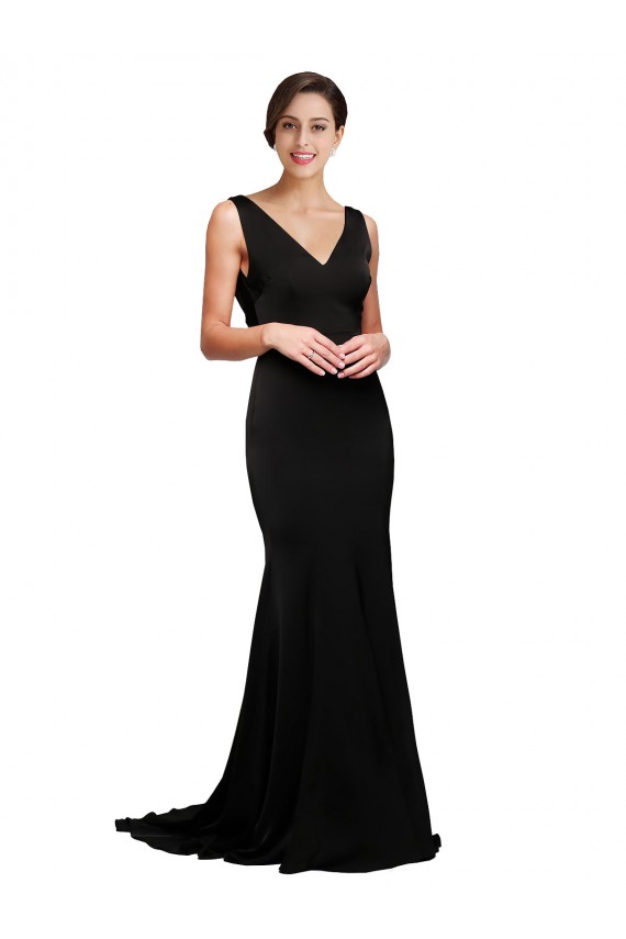 Negro línea A Cuello en V Barrer tren Satén sedoso Largo Formales Vestidos de dama de honor / Vestidos de fiesta Outlet