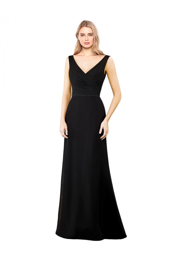 Negro línea A Cuello en V Gasa Largo Vestidos de dama de honor / Vestidos de fiesta Outlet