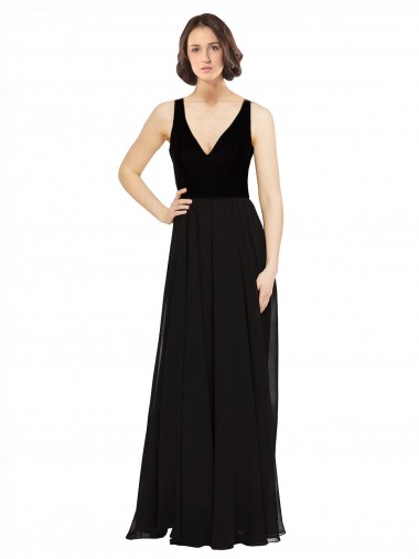 Negro línea A Cuello en V Gasa Terciopelo Largo Vestidos de dama de honor / Vestidos de fiesta Outlet