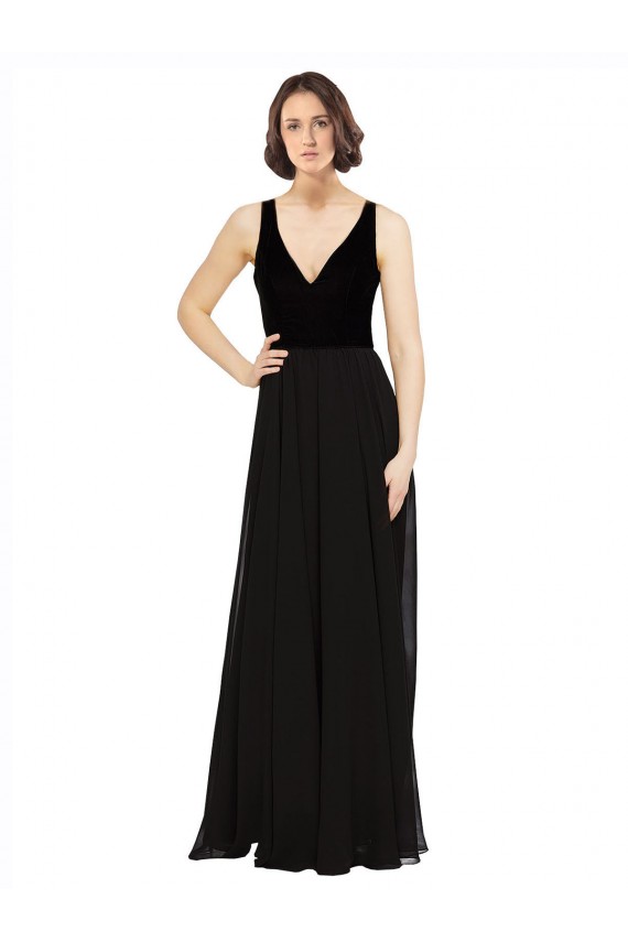 Negro línea A Cuello en V Gasa Terciopelo Largo Vestidos de dama de honor / Vestidos de fiesta Outlet