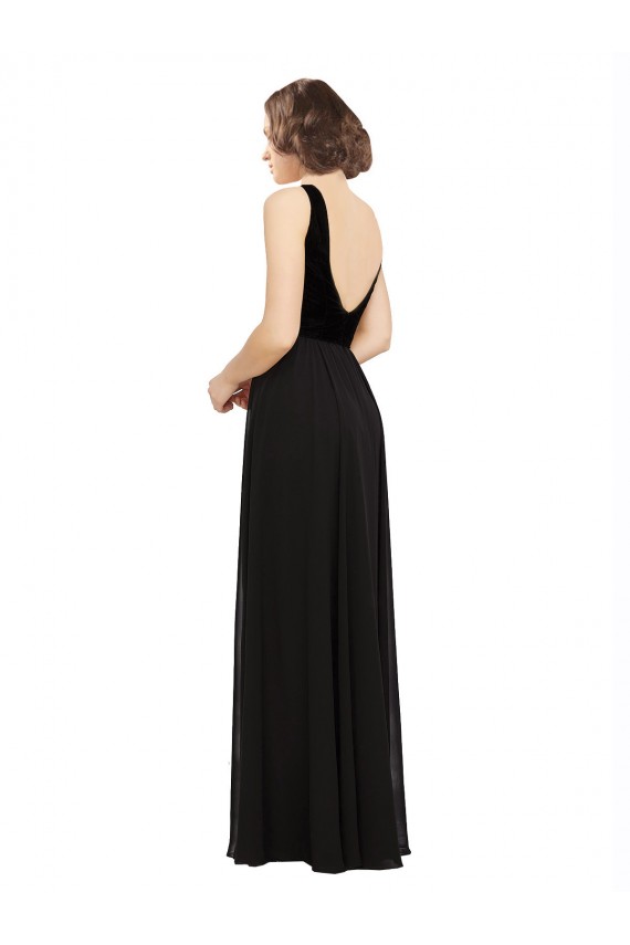 Negro línea A Cuello en V Gasa Terciopelo Largo Vestidos de dama de honor / Vestidos de fiesta Outlet