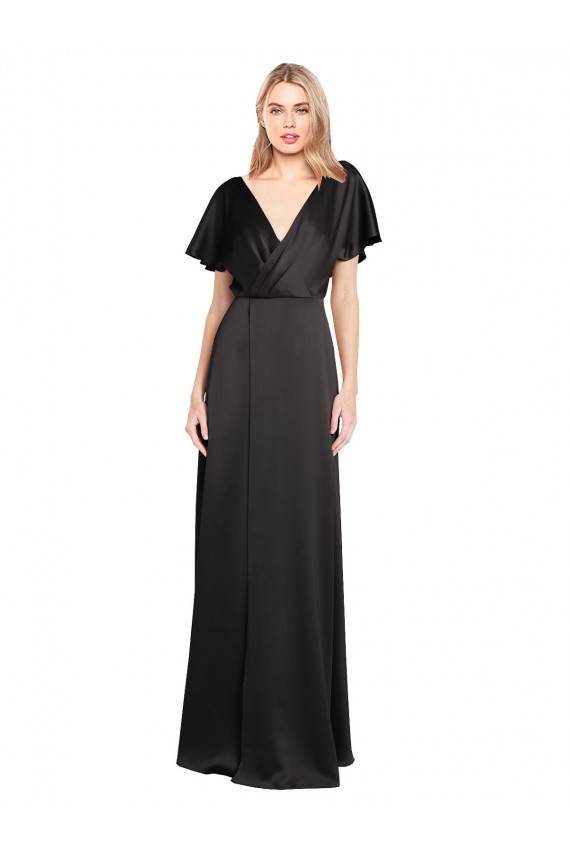 Negro línea A Cuello en V Satén elástico Largo Formales Vestidos de dama de honor / Vestidos de fiesta Outlet