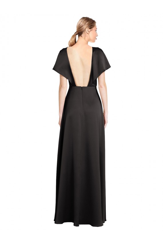 Negro línea A Cuello en V Satén elástico Largo Formales Vestidos de dama de honor / Vestidos de fiesta Outlet
